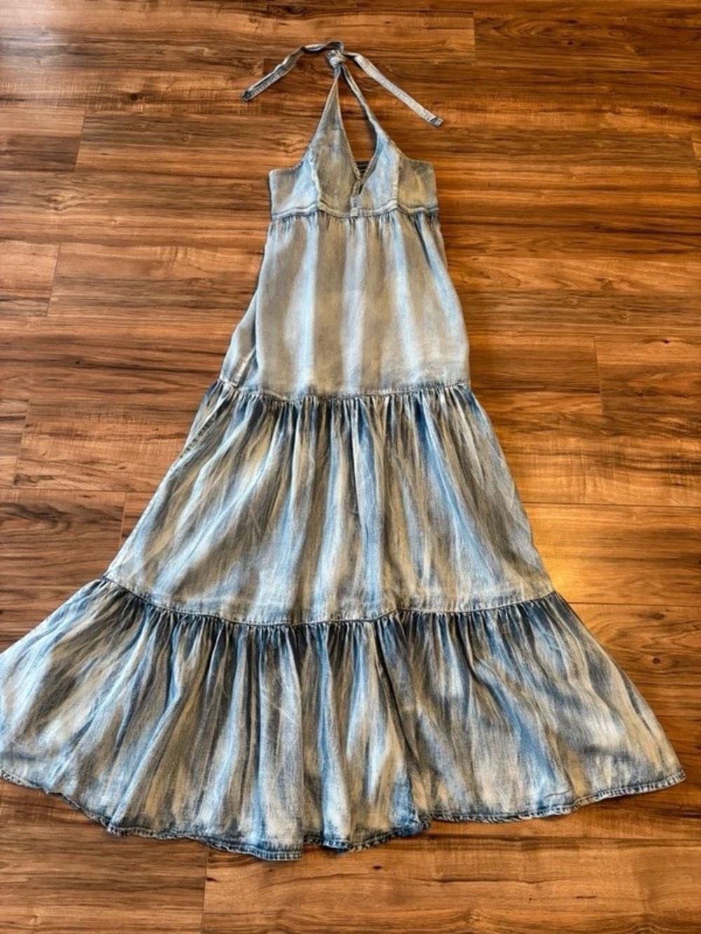 Light Denim Blue Halter Tiered Maxi Dress